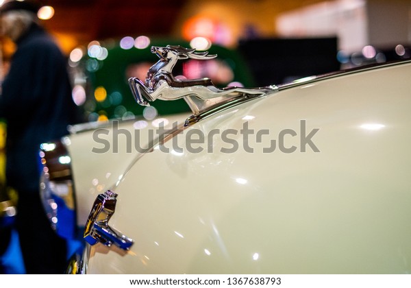 Riga,Latvia-April 12 2019:Old Jaguar car at Riga car\
show 2019