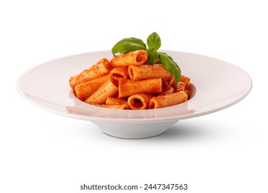 Rigatoni macaroni pasta with tomato sauce and basil leaves in white plate isolated on white with clopping path included - Powered by Shutterstock