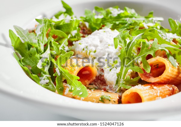 Rigatoni Tomato Sauce Stracciatella Cheese Closeup Stock Photo