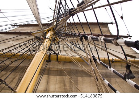 Rigging ropes on heritage sailing ship 