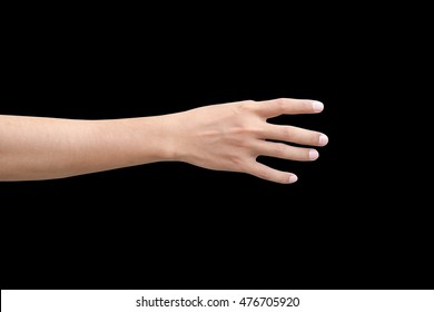 Right Back Hand Of A Man Trying To Reach Or Grab Something. Fling, Touch Sign. Reaching Out To The Left. Isolated On Black Background