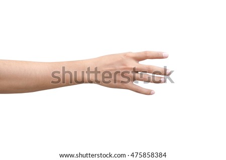 right back hand of a man trying to reach or grab something. fling, touch sign. Reaching out to the left. isolated on white background 商業照片 © 
