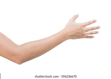 Right Back Hand Of A Woman Trying To Reach Or Grab Something. Fling, Touch Sign. Reaching Out To The Left. Isolated On White Background