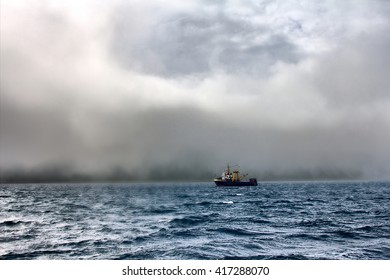 Right Before Strong Gale. Fishing Trawler In Development Process Storm In Pacific Ocean Near Commander Islands. Kamchatka