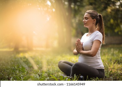 Right choice for your baby. Pregnant woman having meditation in nature. Copy space. 