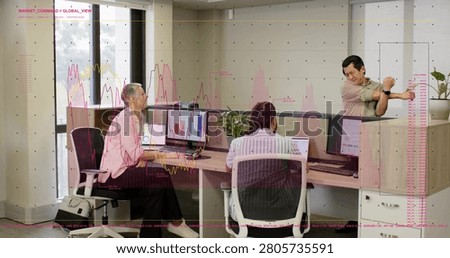 Right colleague rising, gesturing and explaining business data at office while charts growing. Collaboration, teamwork, metrics, analytics, dashboards, openplan, coworking