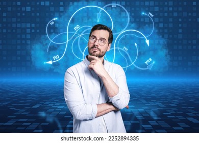 Right decision searching, choice and business direction concept with pensive handsome man on digital wall background with lots of yes and no words and wavy arrows - Powered by Shutterstock