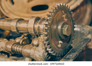 Right Frame Camshaft Sprocket And Overhead Camshaft And Rocker Arm Of Car Engine In Vintage Tone