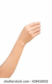 Right hand of female holding, pick up and reaching to something with smartphone, shot form little finger side, isolated on white background.