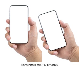right hand holding smartphone device and blank touching screen.isolated on white background with clipping path - Shutterstock ID 1741970126
