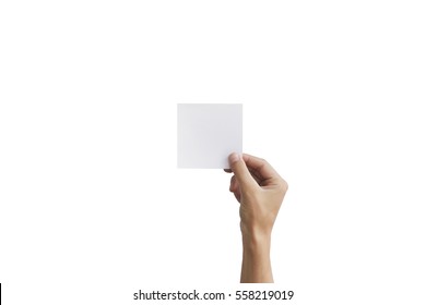 Right Hand Holding Square Paper In The Right Hand. Leaflet Presentation. Pamphlet Hand Man. Man Show Offset Paper. Sheet Template. Isolated On White Background.