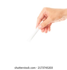 The right hand holds the stick pack. The image is isolated on a white background. Can be used to present your product.