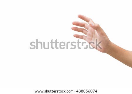 right hand of a man trying to reach or grab something. fling, touch sign. Reaching out to the left. isolated on white background