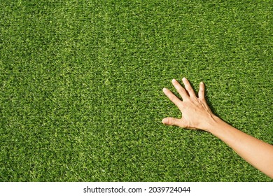 Right hand on a green imitation grass. The material is for carpet, flooring, wall and sports stadiums.  Good for indoor and outdoor usage.  Durability, decoration, objects, background and textures.