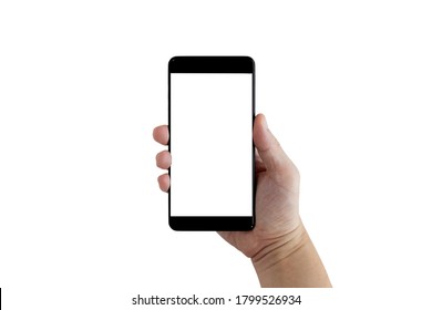 The right hand of a white man holding a black smartphone and a white screen for mockup content an isolated or cutout background with a clipping path. - Shutterstock ID 1799526934