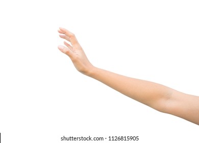 Right Hand Of A Woman Trying To Reach Or Grab Something. Reaching Out To The Left. Isolated On White Background