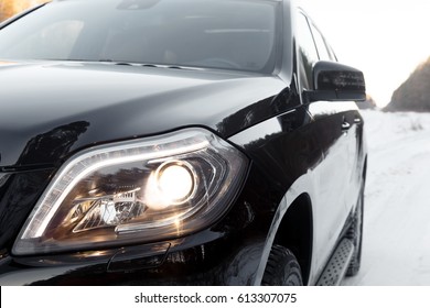 Right Headlight By Day. Car Detail. Car's Light. The Front Lights Of The Car