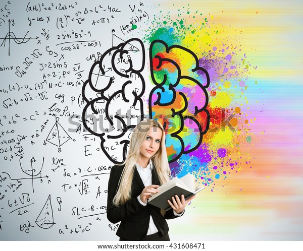 Right and left hemispheres,\
creative and analytical thinking concept with businesswoman holding\
book on background divided into colorful and mathematical formula\
walls