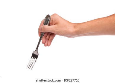 Right Mans Hand With Empty Metallic Fork Isolated On White Background