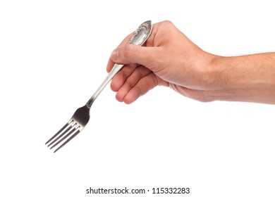 Right Mans Hand With Empty Metallic Fork Isolated On White Background