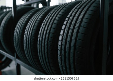 In the right order. New tires are placed on the storage rack in the car workshop.