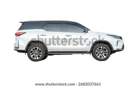 Right side view of elegant white SUV sports car is isolated on white background with clipping path.