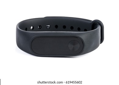 right side view of nice new black rubber fitness tracker with monitor isolated on white background