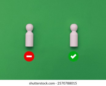 Right versus wrong. To approve or to reject. Decision making concept. Checkmark and cross symbols on colorful cubes on blue background.