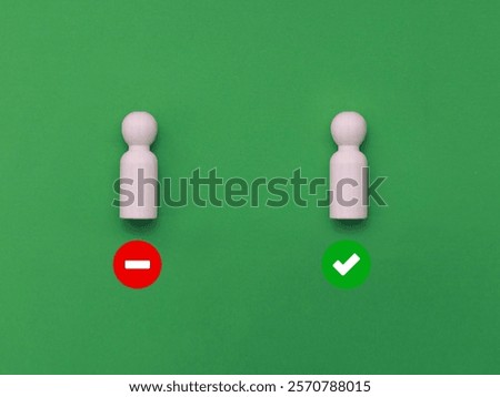 Right versus wrong. To approve or to reject. Decision making concept. Checkmark and cross symbols on colorful cubes on blue background.