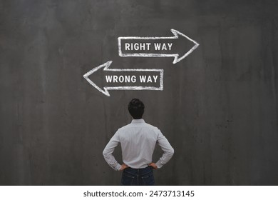 right way vs wrong way, good decision or mistake, businessman choosing strategy, critical thinking