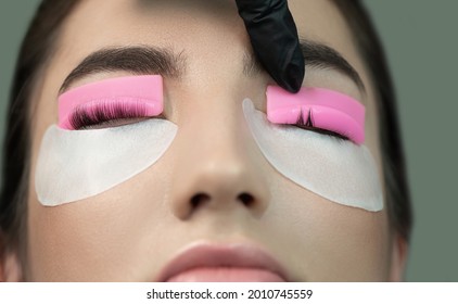 Right And Wrong Way To Glue The Eyelashes. Close-up Of Beauty Model's Face During Lash Lift Laminating Botox Procedure. Eyelash Care Treatment: Lifting And Curling, Lash Lamination And Extension.