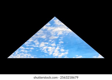 A right-angled triangular window open to a blue sky and puffy white clouds within a completely black surround
