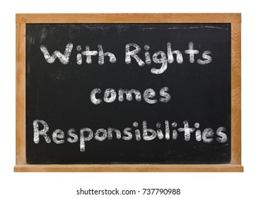 With rights comes responsibilities written in white chalk on a black chalkboard isolated on white