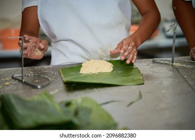 Rigua Food From El Salvador Placed In Tamale Leaf Preparation