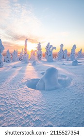 Riisitunturi National Park at sunset in winter. Winter wonderland in Finnish Lapland.