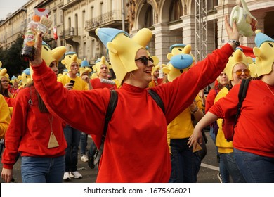 Rijeka, Croatia, February 23rd, 2020. Pat And Mat Group Of Animated Characters Costumes At The Carnival Procession