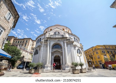 RIJEKA, CROATIA - JUNE 18, 2020: Entrance to the Saint Vitus Sveti Vid Rijeka Cathedral, or katedrala svetog vida. It's a croatian church and a major landmark of the region of Istria.