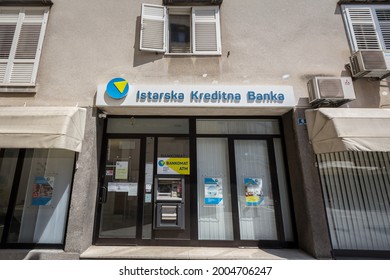 RIJEKA, CROATIA - JUNE 18, 2021: Istarska Kreditna Banka logo on their Rijeka office. IKB Istarska Kreditna Banka, or Istrian Credit Bank is a Croatian retail and commercial bank from Umag.