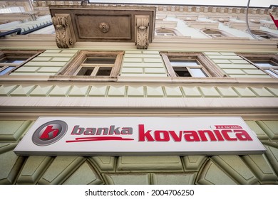 RIJEKA, CROATIA - JUNE 18, 2021: Banka Kovanica logo on their Rijeka office. Banka Kovanica is a Croatian retail and commercial bank owned by cassa di risparmio della repubblica di san marino.