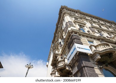 RIJEKA, CROATIA - JUNE 18, 2021: Agram Banka logo on their Rijeka office. Agram Banka, formerly kreditna banka zagreb,  is a Croatian retail and commercial bank from Zagreb.