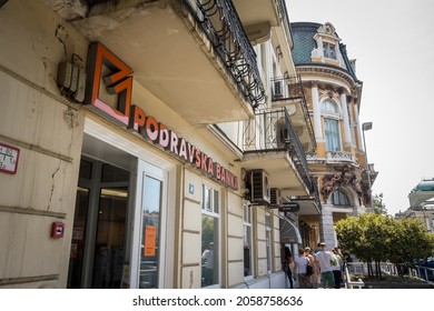 RIJEKA, CROATIA - JUNE 18, 2021: Podravska Banka logo on their Rijeka office. POBA Podravska Banka is a Croatian retail and commercial bank.