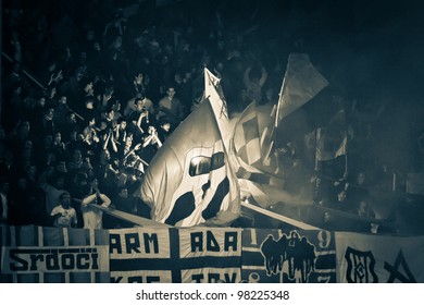  RIJEKA, CROATIA - MARCH 21: Soccer Fans Celebrating After Score At The Stadium On Soccer Match Between 