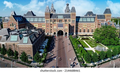 Rijksmuseum in Amsterdam, Netherlands. Aerial view of Dutch national museum in Amsterdam city. Famous place of Art with the greatest masterpieces of Rembrandt and Van Gogh.