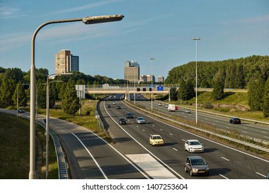 Rijswijk, ZH, Netherlands - May 25 2019: highway A4 with European Patent Office buildings in the background