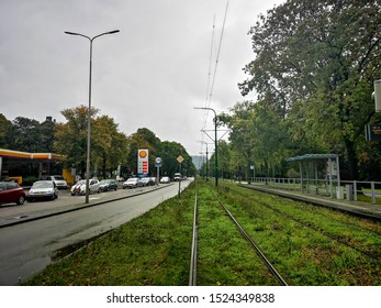 Rijswijk ZH Netherlands - October 4 2019: tram stop gas station European Patent Office in the background