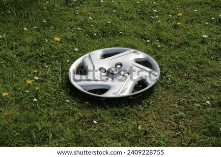 Rim cap laying on a grass verge.  Hub cap.  Fallen off a car and on a verge with grass and daisies