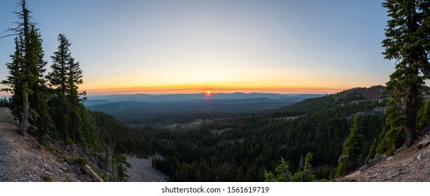 Rim Drive Sunset Panorama At Crater Lake National Park In Oregon