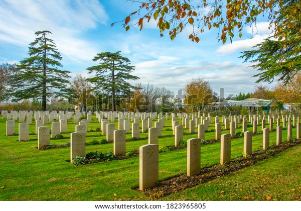 Rimini, Italy - November 23, 2019 - Rimini Gurkha\
War Cemetery and the Second World War Indian Forces Memorial\
erected in Italy to officers and men of the Indian Army between San\
Marino and Rimini