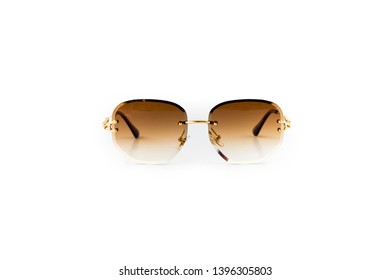 Rimless frame hexagonal shape gradient brown sunglasses at isolated white background  front view