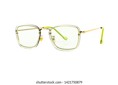Rimless Green Transparent Rectangular Sunglasses and Thin Metal Frame Isolated White  Side View
